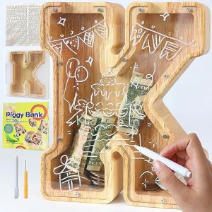 Lakpopya Tirelire en Bois Grande pour Enfant Adulte Tirelire Cochon Personnalisée de Lettres A-Z avec Zone Cible Tirelire Billet Transparente Créative pour Cadeau Décoration Baptême (K) (Never fail, neuf)