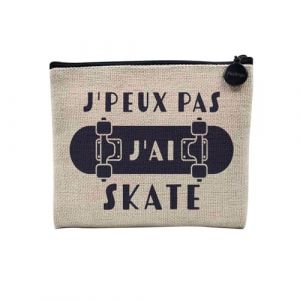 Pochette en Lin - J'Peux Pas J'Ai Skate Skateboard Half Pipe - Trousse Maquillage en Toile Aspect Lin - Porte Monnaie - 15 x10 cm (FabulousBOUTIK, neuf)
