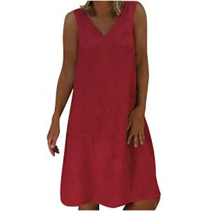 RLEHJN Robe Femme Chic Et Elegant Ete Robe Plissée Mi-Longue à sans Manches Robes D'été pour Femmes Robe Débardeur Maxi en Coton Et Lin Col V Couleur Unie Robe D'été Longue Robe De Plage Cadeau Maman (⭐⭐⭐⭐⭐RLEHJN (5-15 jours Arrivé), neuf)