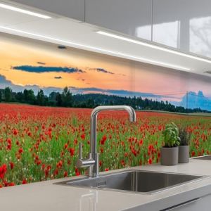 KitchenYeah&copy; Cr&eacute;dence Adh&eacute;sive R&eacute;sistant &Agrave; La Chaleur 60x400 cm Protection Mur Cuisine Panneaux Muraux Adhesif Panneau Decoratif Interieur Coquelicots - Paysage - Rouge - Fleurs (KitchenYeah, neuf)