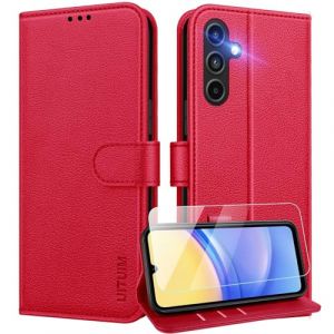 UITUIM Coque pour Samsung Galaxy A15 4G/5G Coque Etui Portefeuille Cuir avec Verre Trempé Protection Écran Porte Carte Rabat Clapet Flip Case Étui Housse Etui pour Samsung Galaxy A15 4G/5G,Rouge (UITUIM, neuf)