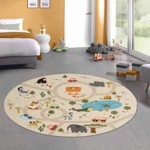 CARPETIA Tapis de Chambre d'enfant Tapis de Jeu Lavable antid&eacute;rapant Safari/Jungle Beige 160 cm Rond (Carpetia, neuf)