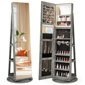 GOPLUS Armoire &agrave; Bijoux Avec Miroir Pleine Longueur, Armoire &agrave; Bijoux Rotative &agrave; 360&deg; Avec Lumi&egrave;re LED 3 Couleurs, Miroir de Maquillage Int&eacute;rieur, &Eacute;tag&egrave;re de Rangement &agrave; 2 Niveaux (Gris Argent&eacute;) (Augenstern24, neuf)