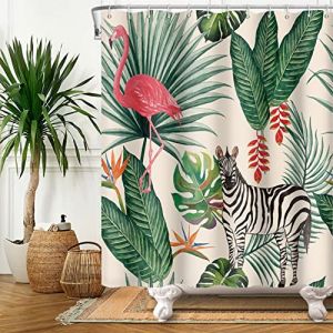 SDOTPMT 180x213cm Rideau de Douche Flamant Tropical - Palmier, Feuilles Vertes, Banane - Thème Été - Tissu Polyester Étanche pour Salle de Bain avec Crochets (SDOTPMT, neuf)