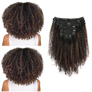 SixStarHair Extensions de Cheveux Humains Afro Curly Clip Ins 50cm Cheveux pour Femmes Noires Vrais Cheveux Humains Enracinés Noirs Se Décolorant Au Noir Naturel Avec Marron Chocolat 4# 7 Pièces 120g (Sixstarhair Beauty, neuf)