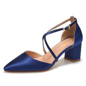 Elivandon J1586 Pour Femme Satin Pointe Effil&eacute;e Talon Moyen Soir&eacute;e Sandales 6cm Carr&eacute; Talon Nuptiale F&ecirc;te Mariage Escarpins Avec Longue Bride Couleur Bleu Fonc&eacute;,Taille 38 EU (5 UK) (Marry U, neuf)