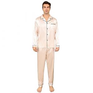 RuanMM Ensemble Pyjama en Satin Soyeux pour Homme, Haut à Manches Longues et Pantalon Long, vêtements de Nuit Soyeux pour Homme (Champagne-L) (Shanghai PinShan Industrial Co., Ltd., neuf)