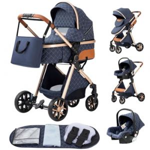 YAZOCO Poussette 3 en 1 Compacte 0-36kg Combiné Es Anstout Terrain Luxe Haut Paysage Quadruple Bébé Pliable Canne Poussettes Confort Accessoires Auto Siège Bleu (YAZOCO BRAND STORE, neuf)