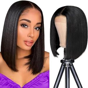 Weeybay Perruque Femme Naturelle Short Bob Straight Human Hair Wig Glueless Perruque Sans Colle Cheveux Humain 4x4 Lace Closure Wig Natural Black #1B Unprocessed Hair 12 Inch (Baiwei Hair, neuf)