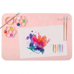 SOQKEEN Tapis de Peinture en Silicone 40x60cm Rose avec Palette Int&eacute;gr&eacute;e et Porte-Pinceaux, Grand Tapis de Bricolage Antiadh&eacute;sif Pliable pour Art, R&eacute;sine, Argile et Loisirs Cr&eacute;atifs (Soqkeen FR, neuf)