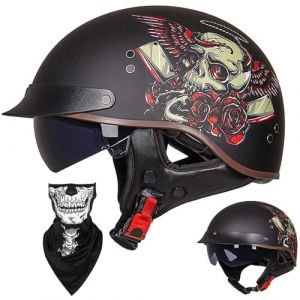 Casque Moto Demi Casque Bol Brain - Cap RéTro Harley Jet Casque Certifié ECE Cruiser Chopper Scooter Pilote Casque Lunettes IntéGréEs Unisexe Casque à DéGagement Rapide,F-M=（57~58cm） (GAOSHUXIA666, neuf)