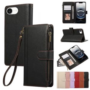 Rosbtib Coque pour iPhone 16e 5G 2025 6.1 Pouces Housse en Cuir Fermeture Zipp&eacute;e Fermeture Magn&eacute;tique Portefeuille avec 4 Poches pour Cartes Standfuntion R&eacute;tro Etui iPhone 16e 5G, Noir (Tengkai Technology, neuf)