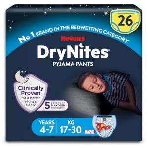 HUGGIES DryNites Pantalon de pyjama pour gar&ccedil;on de 4 &agrave; 7 ans (17-30 kg), 26 pantalons d'&eacute;nur&eacute;sie nocturne, jusqu'&agrave; 100% sans fuites (PeddleHome, neuf)