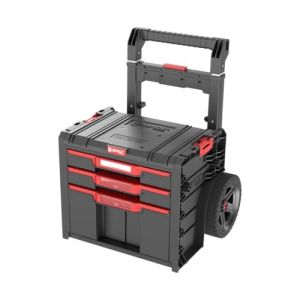 Chariot &agrave; outils mobile avec 3 tiroirs : la bo&icirc;te &agrave; outils Qbrick offre 2 petits (4,5 L) et 1 grand tiroir (12 L) avec rail m&eacute;tallique et verrouillage automatique. (TOOL FORCE, neuf)