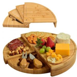 Recalma Plateau à Fromage Rond en Bambou avec Couteau à Fromage, Plateau de Service Tournant en Bois à 4 Couches, Plateau en Bois Coulissant pour Charcuterie, Amuse-Bouches et Planche Apéro. (CMRD Warehouse, neuf)