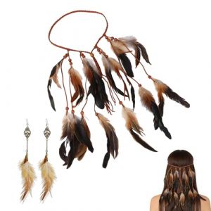 Attrape-r&ecirc;ves tribal avec bandeau en plumes, 1 paire de boucles d'oreilles plumes, 35 cm, noir et blanc, accessoires boh&egrave;mes pour f&ecirc;tes, c&eacute;r&eacute;monies et &eacute;v&eacute;nements (CHZHBY, neuf)