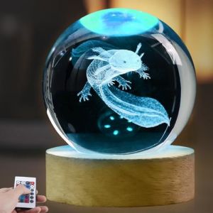 Axolotl Veilleuse, en boule de cristal, 16 couleurs, 3D, boule en verre, avec t&eacute;l&eacute;commande, cadeau Axolotl de 8 cm, avec base en bois, lampe d&eacute;corative claire axolotl pour gar&ccedil;ons et filles (EverTre, neuf)