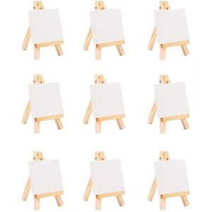 BEOIUCZZY Lot de 9 mini toiles avec chevalet en bois - 10 x 10 cm - Avec mini chevalet de table de 15 x 8 cm - Trépied en bois - Pour dessin, décoration de table et bricolage (LilididianStore, neuf)