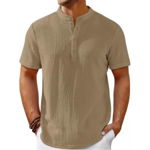 WINKEEY Chemise Homme Henley à Manches Courtes T-Shirt Homme Tunisien Tee Shirt d'été Décontracté, Kaki XXL (WINKEEY, neuf)
