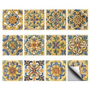 CHGCRAFT 36 pi&egrave;ces 12 Styles Autocollants de Carrelage de Dosseret &agrave; D&eacute;coller et &agrave; Coller R&eacute;tro Jaune Mandala Autocollants de Carrelage Imperm&eacute;ables Autocollants Muraux Carr&eacute;s 4x4 pouces (CHGCRAFT FR, neuf)