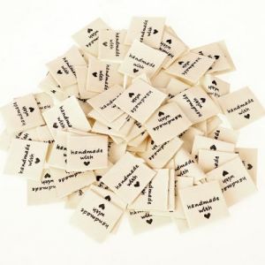 Mozeat Lens Lot de 100 &eacute;tiquettes en tissu &eacute;tiquettes en tissu faites &agrave; la main &agrave; coudre Beige travail manuel &eacute;tiquettes tags &eacute;tiquettes textiles &eacute;tiquettes pour v&ecirc;tements faites &agrave; la main avec amour (supermali, neuf)