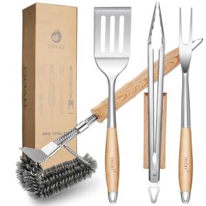 TIVOLI Lot de 4 ustensiles de barbecue en acier inoxydable de qualité supérieure avec poignées en bois sûres, pince à barbecue, spatule, brosse à barbecue et fourchette à barbecue - Cadeaux de (TIVOLI Inc., neuf)