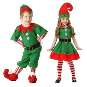 Enfant Ensembles de Noël Vêtements 4 Pièces Déguisement Lutin Robe Vert à Manches Courtes et Ceinture Chapeau Chaussettes Costume de Lutin Noël Enfant Vêtement pour Fête Costumée (Boys, 5-6 Years) (Zwlhuiknb, neuf)