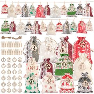 Calendrier de l'Avent &agrave; remplir, en tissu, 24 sacs en tissu, 2 tailles, calendrier de No&euml;l &agrave; remplir avec chiffres en bois de 1 &agrave; 24, clips, corde pour enfants, femmes, hommes (Lovbuy-EU, neuf)