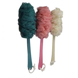 WRITWAA 3pièce Boule De Douche Exfoliante Lot De Fleur De Bain à Long Manche Éponge De Douche Et Bain Pour Corps Beige Rose Bleu (Saieli, neuf)