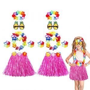 Tacobear 2 Sets Jupe Hawaienne Enfant Hawaiian Hula Costume avec Ananas Lunettes Fleur Leis Bandeau Collier Bracelets 30 cm Hawaienne Deguisement pour Filles Décoration de Fête Anniversaire (Rose) (Tacobear EU, neuf)