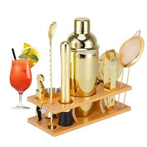 OBALY Kit Barman 11 pi&egrave;ces Cocktail Shaker-Muddler pour Cocktails 25oz Accessoires de Bar Shaker Boston avec Stand &eacute;l&eacute;gant en Bambou Mix Drink Shaker Kit Parfait Martini Kit avec livret de Recettes (OBALYEU, neuf)