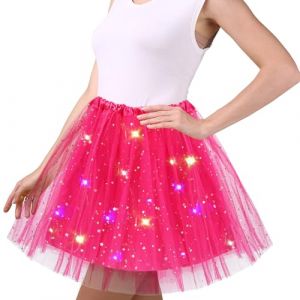 Wishstar Jupe en Tulle Rose Rouge pour Femmes, Robe Danse &agrave; Paillettes &eacute;toil&eacute;es, Mini-jupe Extensible avec Lumi&egrave;res LED, Jupe Tutu 45cm pour Adultes, Robe de Danse pour Adolescentes Carnaval Ballet (XINYAO-EU, neuf)