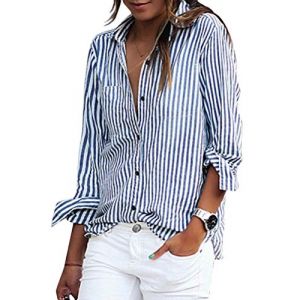 Onsoyours Chemisier Femme Manches Longues Rayures Verticales Chemise Femmes Chic Col en V Blouse Tunique Casual Hauts Z1 Bleu XXL (Dear Shall Good Inc., neuf)