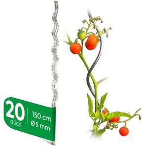 Novatool Lot de 20 tuteurs en m&eacute;tal pour tomates 150 cm x 5 mm &Oslash; Tuteurs en spirale pour tomates galvanis&eacute;s Tuteur de vigne Tuteur de tomate 150 cm Aide &agrave; la mont&eacute;e des tomates Tuteur de plantation (AMP GmbH, neuf)