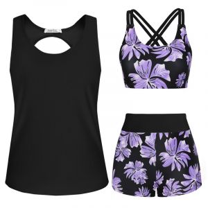 JASAMBAC Maillot De Bain Tankini Femme 3 Pi&egrave;Ces Tankinis Femme Imprim&eacute; Floral Contr&ocirc;Le du Ventre Bikinis Athl&eacute;Tique Maillot De Bain Modeste Shorty (Fancy Shop EU, neuf)