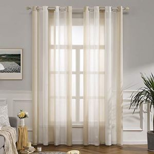 MIULEE Rideaux Voilage &agrave; Rayures Blancs et Beige, Voilages Int&eacute;rieurs avec Oeillets, Beaux Voile Rideau Voilage Fenetre Chambre, Lot de 2 Transparent Rideaux Salon Hauteur 145 CM Voilage Court (MIULEE HOME, neuf)
