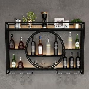 Porte-Bouteilles Muraux Industriels avec Porte-Verre,Casier À Vin en Métal,Porte-Verre À Vin Suspendu Mural pour Bar Boissons,Étagères Polyvalentes,Étagère Murale en Verre pour Cuisine (Color : Black (liujia152, neuf)