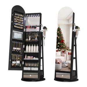 LVSOMT LED Armoire à bijoux avec Miroir Arqué, Rotative à 360 Armoire Bijoux Miroirs avec éclairage, Grande Arc Miroirs sur pied avec Rangement de bijoux, Miroir Bijoux Bois Verrouillable, Noir (lvsomt, neuf)