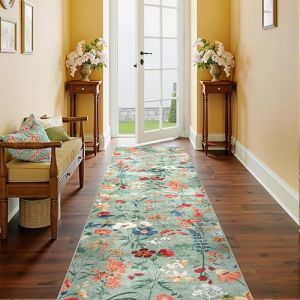 HUGEAR Vert Tapis de Couloir 60x240cm Floral Passage Lavable en Machine Antid&eacute;rapant Boheme Naturel Fleur Long Carpet Descente de Lit Cuisine Doux Poil Ras Rug (RONGBEN, neuf)
