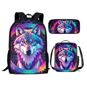 Chaqlin Sac à Dos Enfants 3 Pièces - Cartable Garçons Avec Motif Loup et Galaxie, Boîte à Lunch et Trousse - Grand Sac de Voyage Pour la Rentrée Scolaire (chaqlin, neuf)