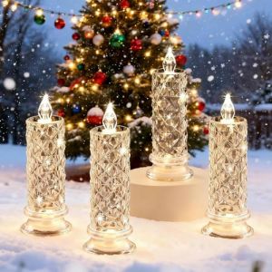 Bougies LED sans flamme, Bougies LED roses en cristal transparent, Bougie LED Flamme Vacillante,Chandelles Clignotantes Lampe, Bougie LED rétro pour mariages, fêtes, Halloween, Noël Décoration (4PCS) (CWENRO, neuf)