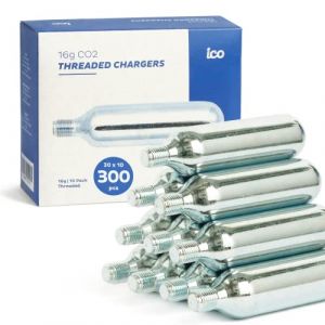 ICO Cartouche CO2, Lot de 300, Cartouche CO2 16g Filetées pour Gonflage Express des Pneus de VTT et Vélo de Route - CO2 Qualité Alimentaire Compatible Tireuses à Bière Artisanale (ICO trading, neuf)