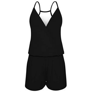 Loveternal Combinaison Femme Salopette Femme Été Court Barboteuse Noir One Piece Combishort Sans Manches Élégant Sexy Bretelles Dos Nu Poches V Cou Plage, M (Chuangjinghai, neuf)