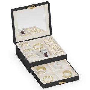 ADEL DREAM Bo&icirc;te &agrave; bijoux &agrave; 2 &eacute;tages avec plateau extensible - Organiseur de bijoux avec grand miroir avec structure DIY - Pour colliers, bagues, boucles d'oreilles, m&egrave;res et filles - Noir (FreeYi GmbH, neuf)