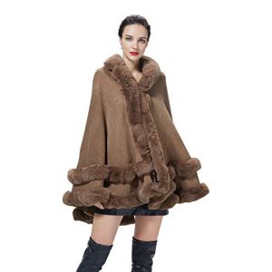BEAUTELICATE Poncho Fourrure Femme Cape &agrave; Capuche Ch&acirc;le &Eacute;tole Tricot&eacute; Manteau L&eacute;ger pour Automne Hiver Mariage Soir&eacute;e Gala Mari&eacute;e Demoiselle d'honneur(Taille Unique, Khaki) (BEAUTELICATE-FR, neuf)