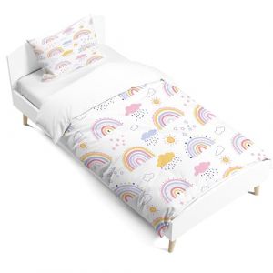 PORJDN Housse de Couette Enfant Fille Arc-en-Ciel, taie d'oreiller 120x150cm, Housse de Couette 40x60cm, Parure de lit Nuages ​​Style Dessin anim&eacute; avec Fermeture &eacute;clair Lisse. (Style B, 120x150cm) (CR-EU-STORE, neuf)