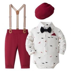 Volunoby Bebe Gar&ccedil;on Costume Gentleman, Noeud Papillon Chemise + Pantalon 4 Pi&egrave;ces（Dinosaure Rouge,9-12 mois,Taille 73） (Volunboy, neuf)