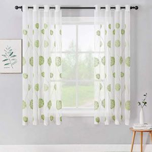 MIULEE Rideau Voilage Blanc-Rideaux Salon Moderne avec Vert Motif Broderie, Tulle Rideau Transparent &agrave; Oeillets, D&eacute;coration Interieur Voilage Fenetre Chambre, Lot de 2 Court Rideaux Voile, 2X140x145cm (MIULEE HOME, neuf)
