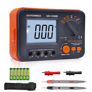 Testeur de r&eacute;sistance d'isolement M&eacute;gohmm&egrave;tre num&eacute;rique GR-VC60B + DCV Megohm M&egrave;tre Testeur de tension 250/500/1000V, ACV Megohm 750V avec grand &eacute;cran LCD 1999, maintien des donn&eacute;es, r&eacute;tro&eacute;clairage (SZGUOYU, neuf)