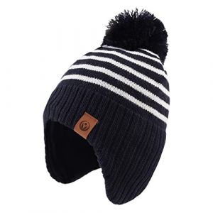 XIAOHAWANG Ray&eacute; Tricot&eacute; B&eacute;b&eacute; Bonnet Hiver Chaud Enfant Chapeau Classique Fille Gar&ccedil;on Bonnets avec Pompom Tout-Petit Chapeaux pour Activit&eacute; de Plain Air(Marin Chapeau,4 &agrave; 7 Ans) (Xiaohawang Market, neuf)